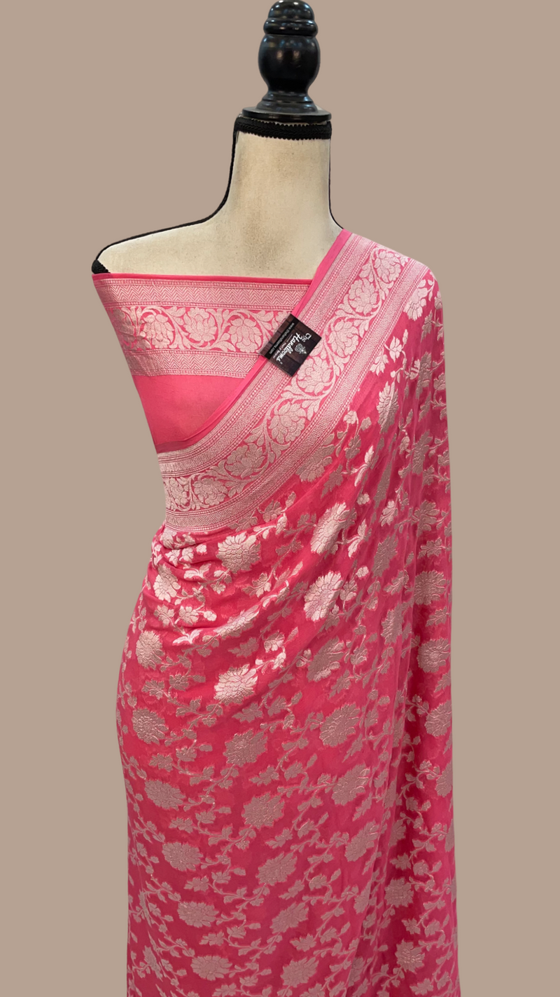 Pink Pure Khaddi Georgette Handloom Banarasi Saree - The Handlooms