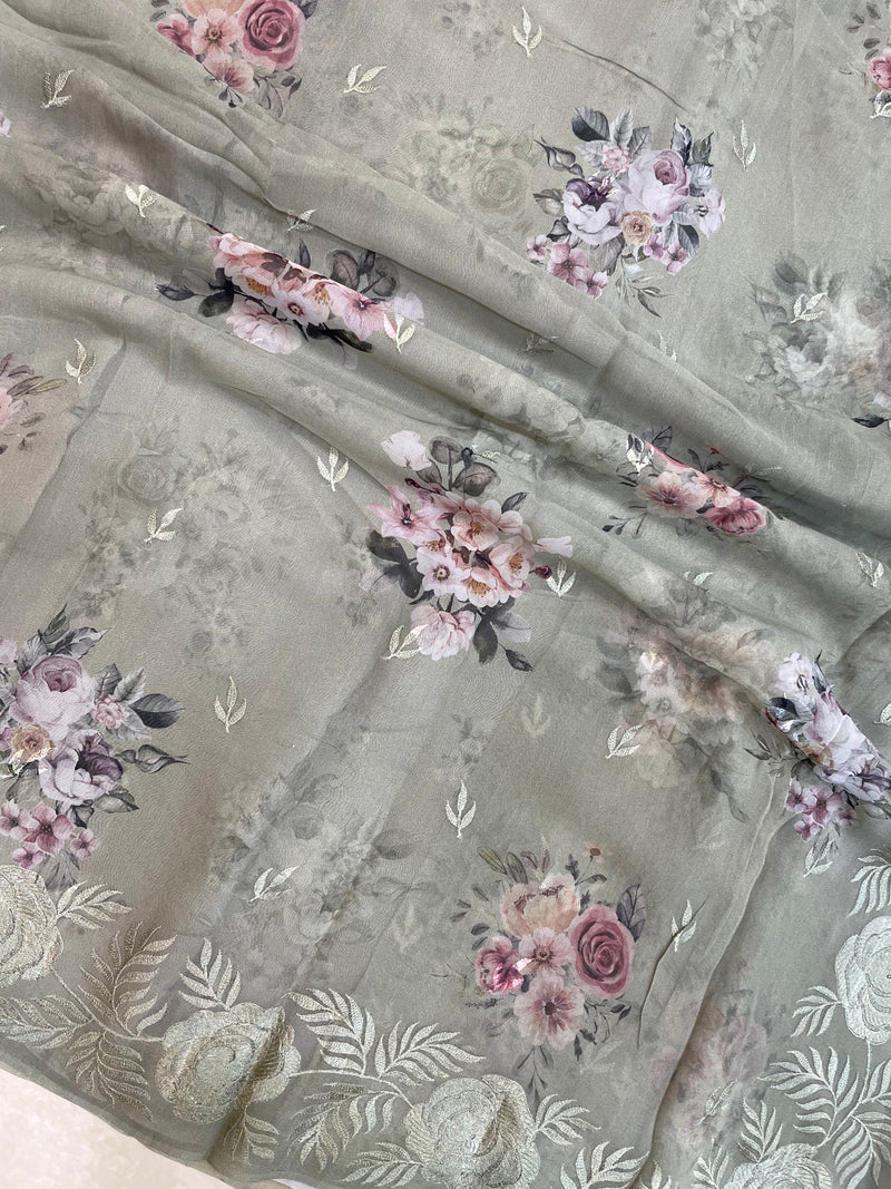 Pure Georgette  Digital Print with Chikankari Handloom Banarasi Saree - The Handlooms