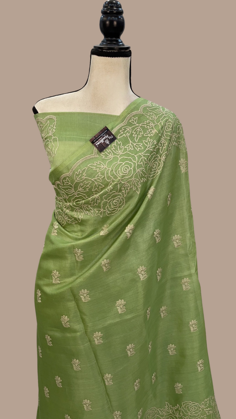 Tussar Silk Handloom Banarasi Saree With Chikankari - The Handlooms