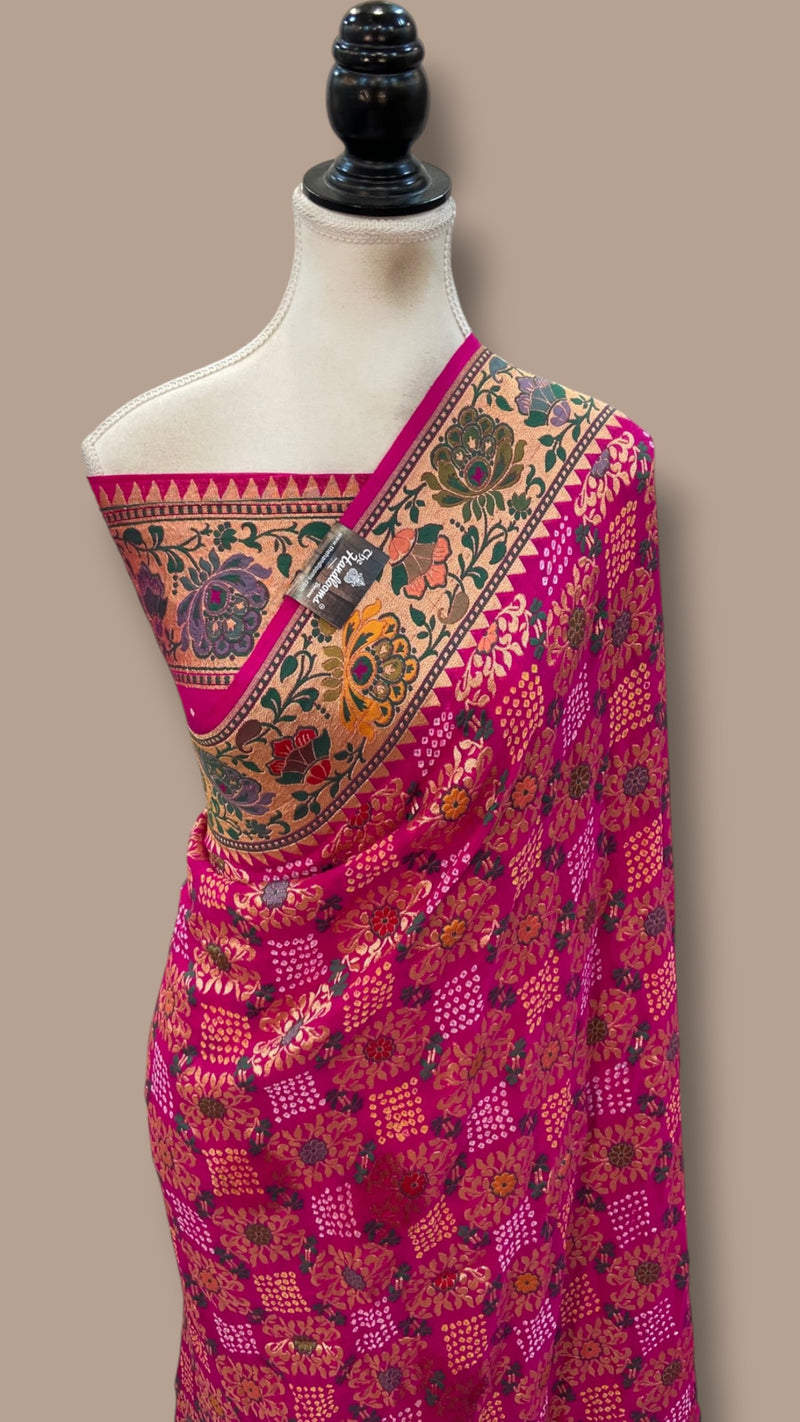 Pure Georgette Banarasi Bandhej Handloom Saree - Meenakari