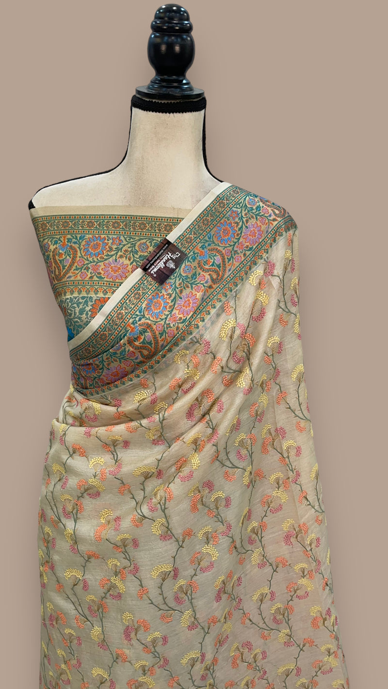 Tussar Silk Handloom Banarasi Saree With Chikankari - The Handlooms