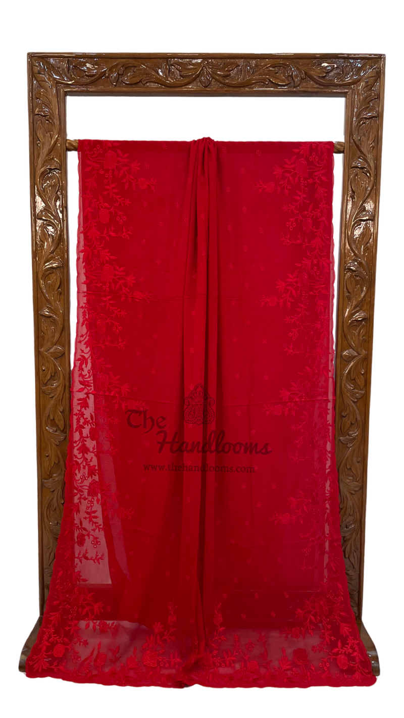 Pure Georgette Chikankari Handloom Banarasi Saree - The Handlooms