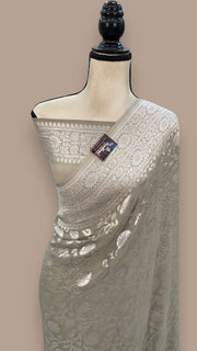 Ivory Khaddi Georgette Banarasi Saree with all silver zari jaal work - The Handlooms