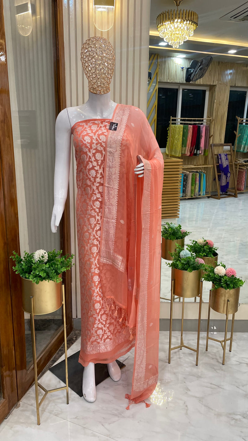 Peach Pure Khaddi Georgette Banarasi Dress material - The Handlooms