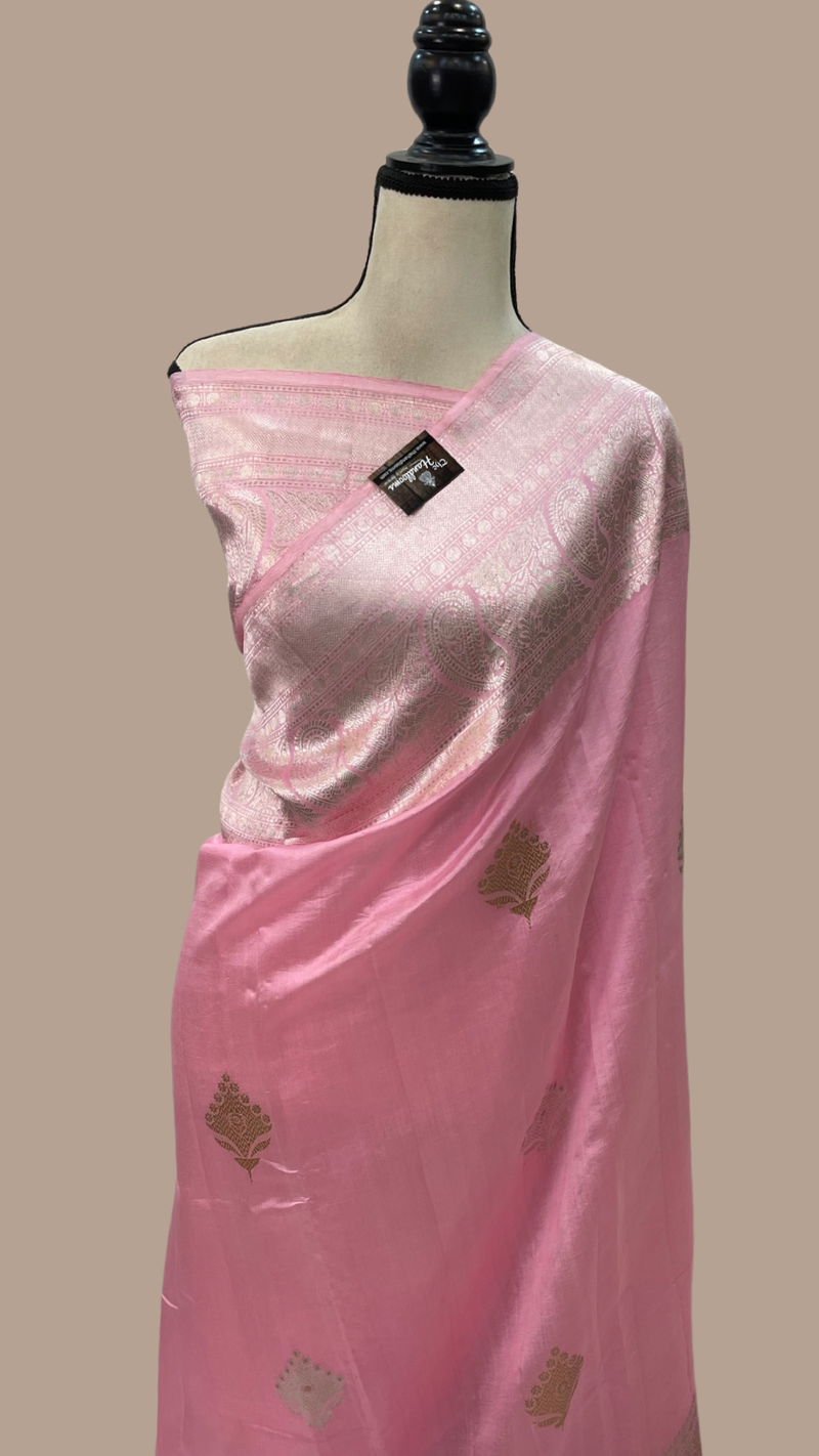 Pink Pure Katan Silk Banarasi Handloom Saree - All over Kadua motifs - The Handlooms