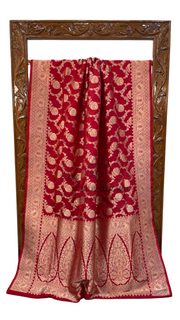 Red Pure Katan Silk Banarasi Handloom Saree - All over jaal work - The Handlooms