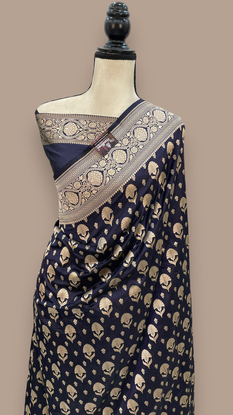 Blue Pure Katan Silk Banarasi Handloom Saree - All over Jaal work - The Handlooms