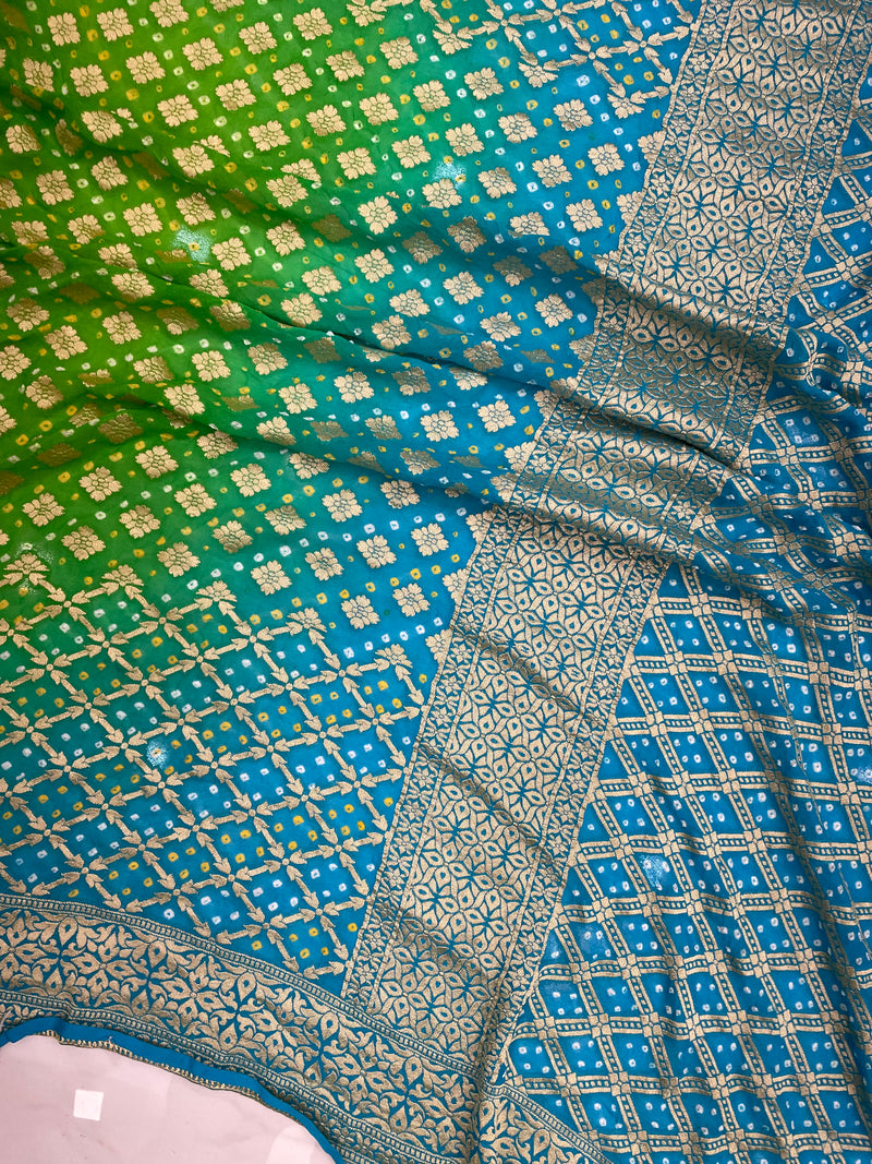 Dual Shade Pure Georgette Banarasi Bandhej Handloom Saree - The Handlooms