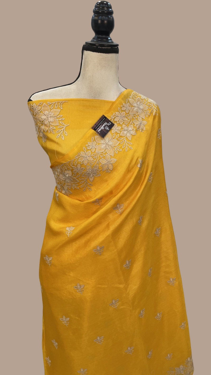 Tussar Silk Handloom Banarasi Saree With Chikankari - The Handlooms