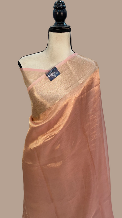 Peach Pure Kora Tissue Handloom Banarasi Saree