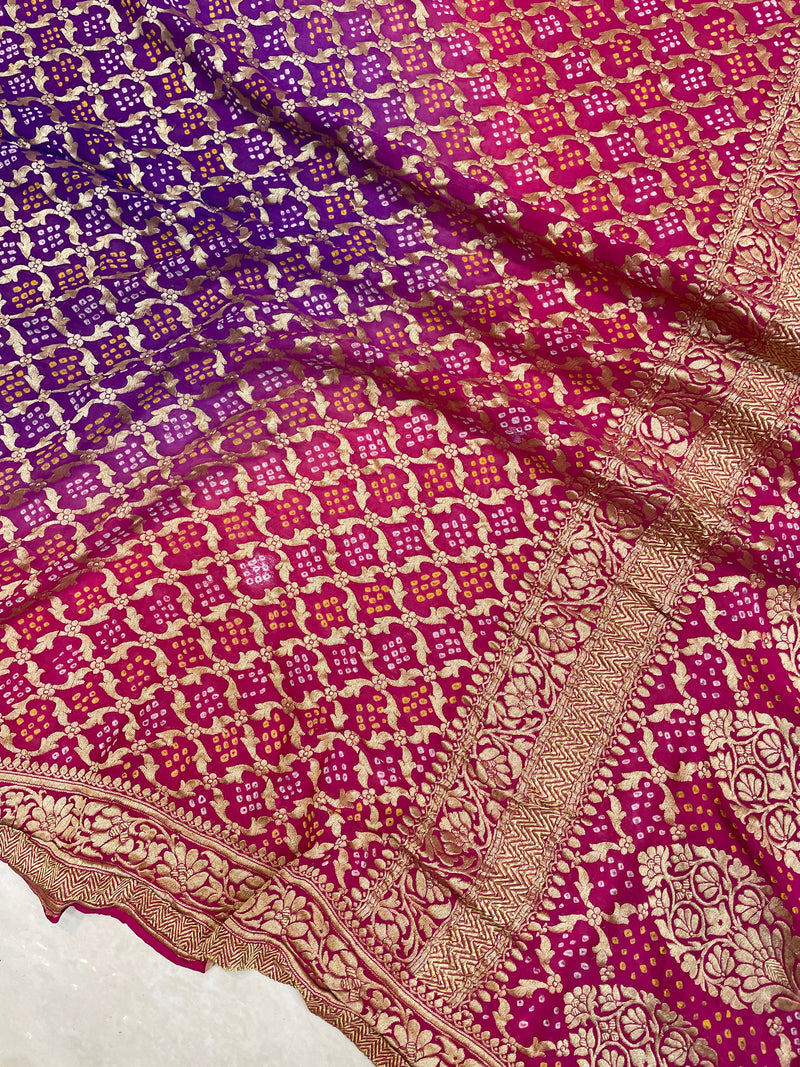 Dual Shade Pure Georgette Banarasi Bandhej Handloom Saree - The Handlooms