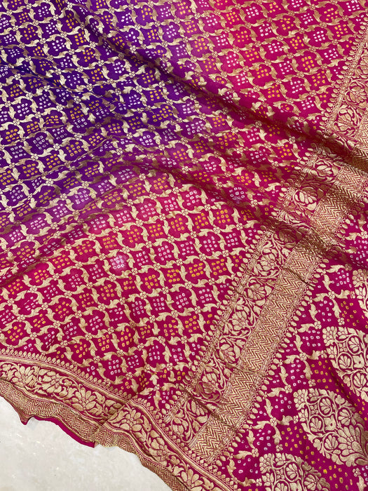 Dual Shade Pure Georgette Banarasi Bandhej Handloom Saree - The Handlooms