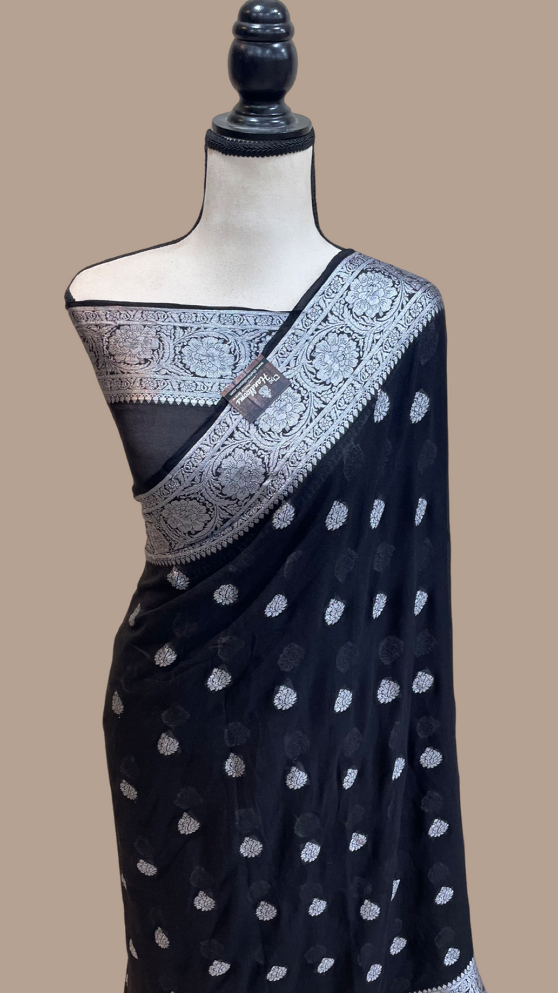 Black Pure Chiffon Khaddi Banarasi Saree - The Handlooms