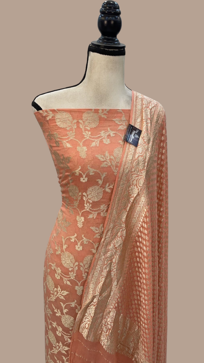 Peach Pure Khaddi Georgette Banarasi Dress material - The Handlooms