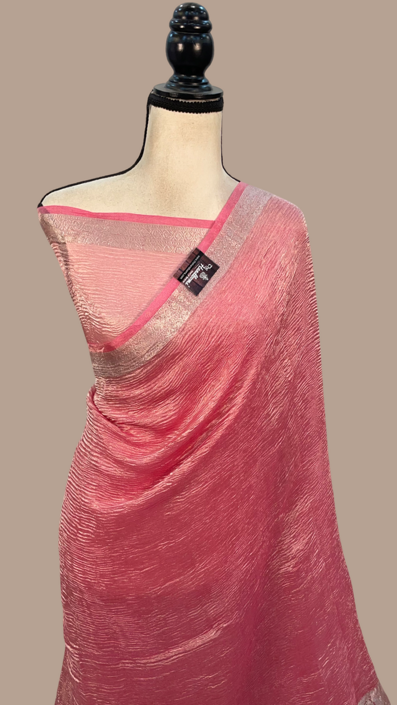 Pink Pure Kora Tissue Crush Handloom Banarasi Saree - The Handlooms