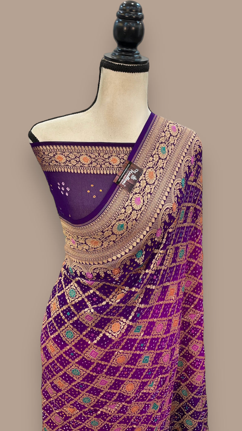 Pure Georgette Banarasi Bandhej Handloom Saree - with meenakari work - The Handlooms