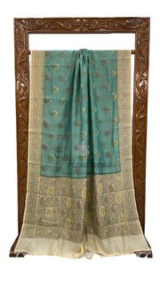 Turquoise Pure Butter Crepe Banarasi Saree - The Handlooms