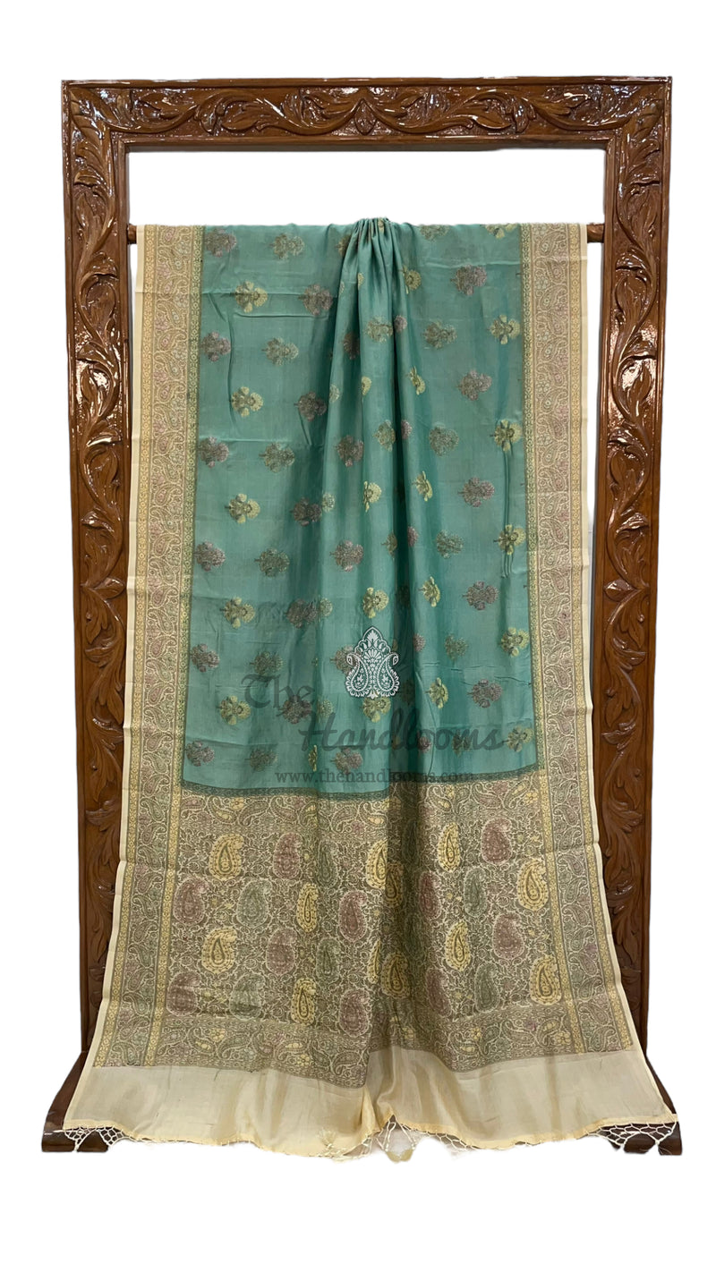 Turquoise Pure Butter Crepe Banarasi Saree - The Handlooms