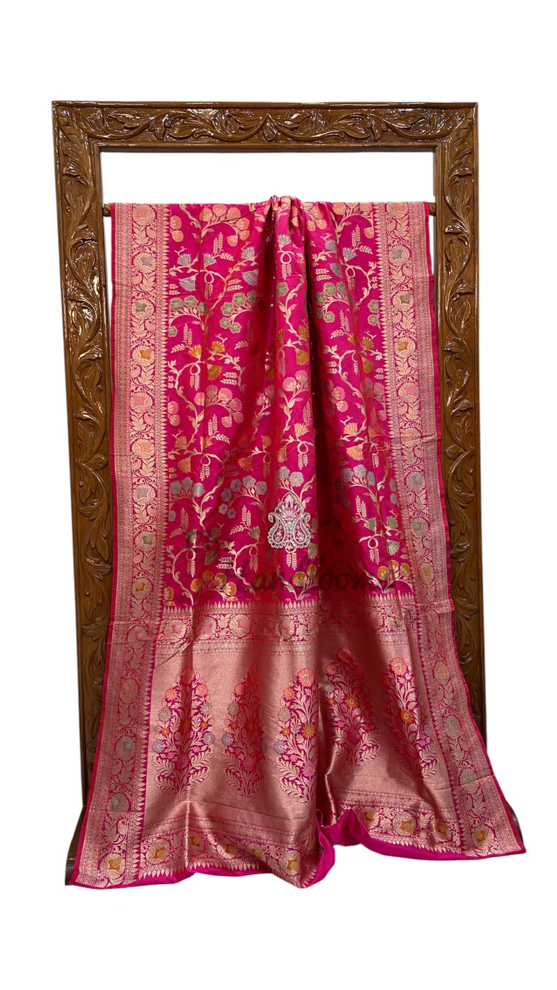 Pure Katan Silk Banarasi Handloom Saree - All Over Jaal Work With Meenakari