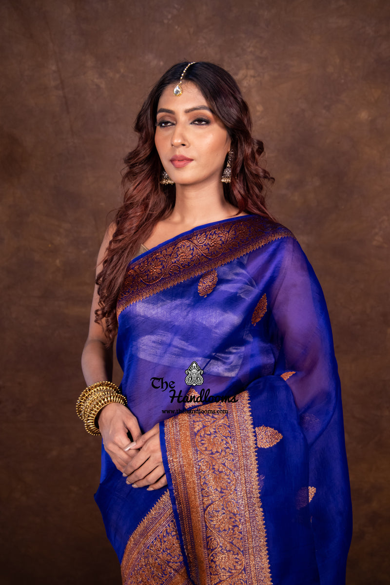 Blue Pure Kora Handloom Banarasi Saree - The Handlooms
