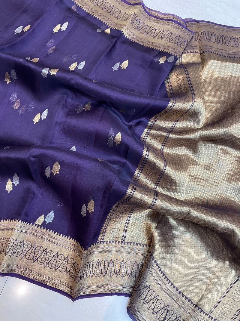 Pure Kora Handloom Banarasi Saree - Sona Roopa Alfi Kadua Booti - The Handlooms