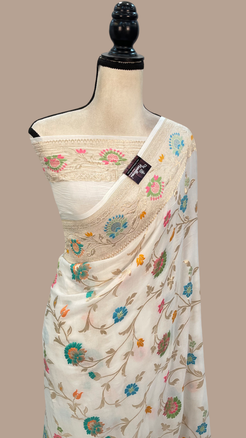Off-white Pure Khaddi Georgette Handloom Banarasi Saree - All over Jaal Work With Meenakari - The Handlooms