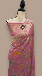 Onion Pink Khaddi Georgette Handloom Banarasi Saree - All over Jaal Work With Meenakari - The Handlooms