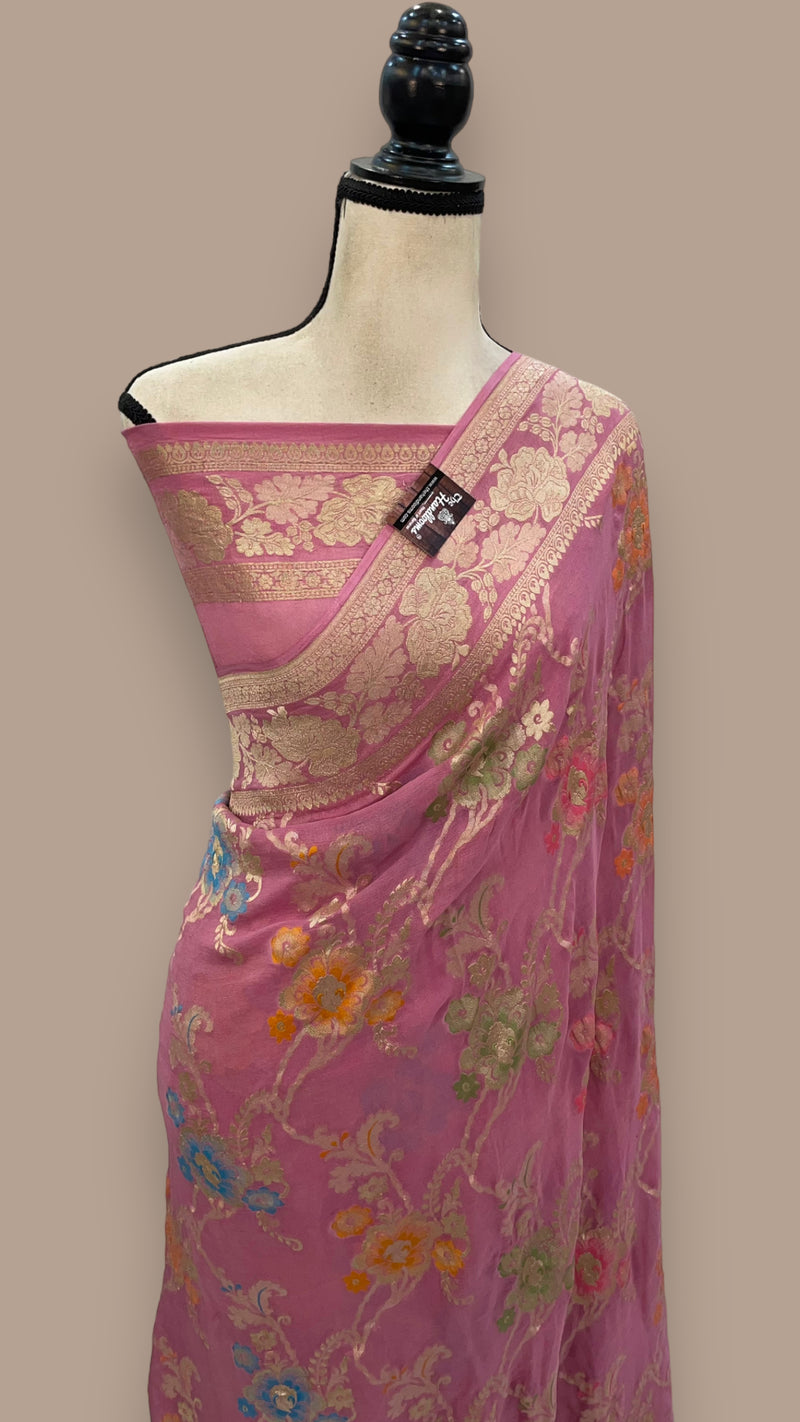 Onion Pink Khaddi Georgette Handloom Banarasi Saree - All over Jaal Work With Meenakari - The Handlooms