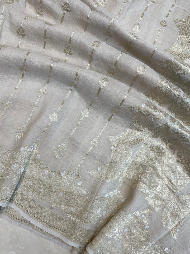 Tussar Georgette Handloom Banarasi Saree - All over Sona Roopa Jaal Work - The Handlooms