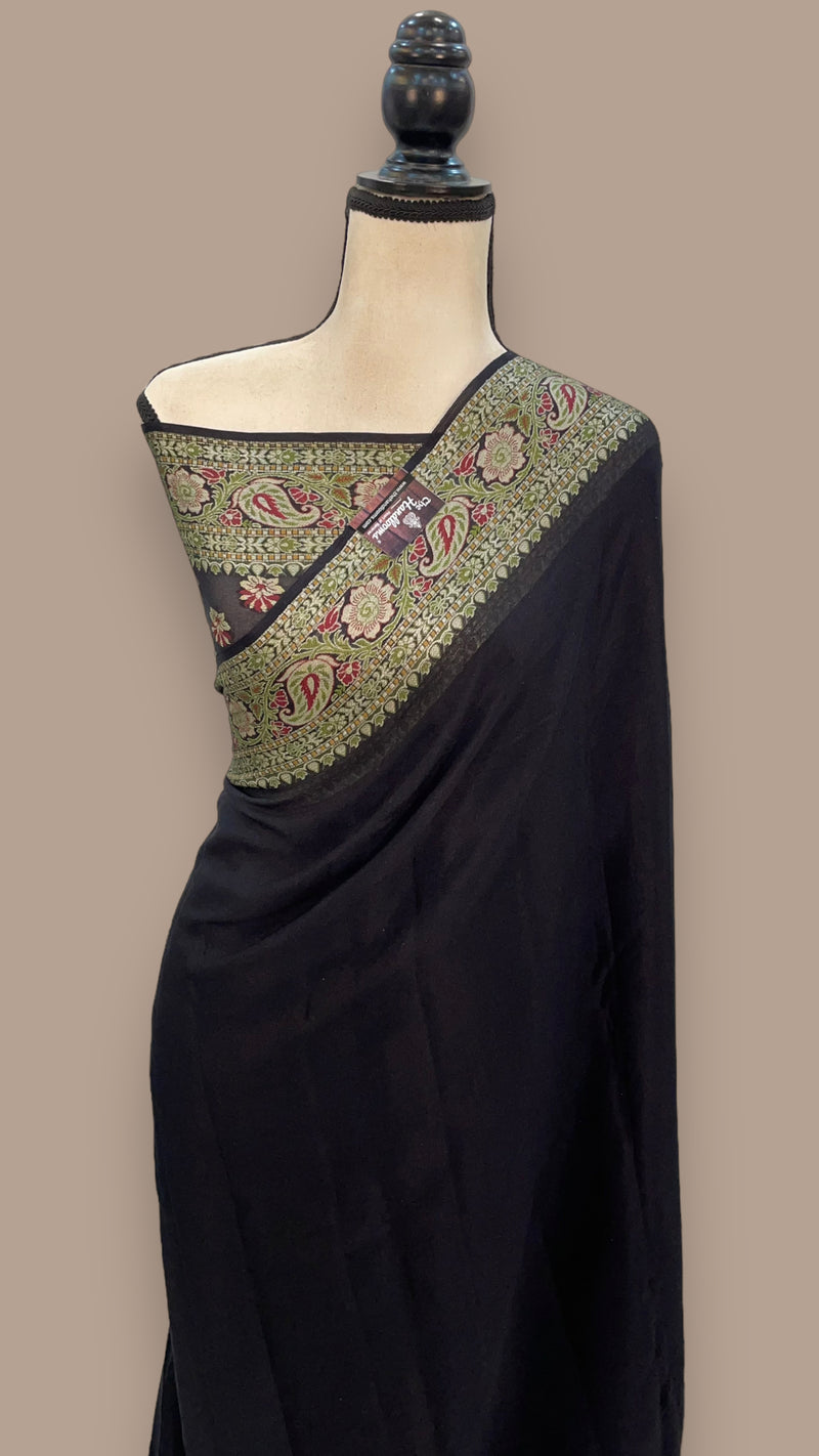 Black Pure Chiffon Khaddi Banarasi Saree - The Handlooms