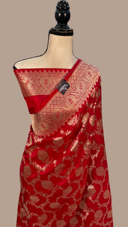 Red Pure Katan Silk Banarasi Handloom Saree - All over jaal work - The Handlooms