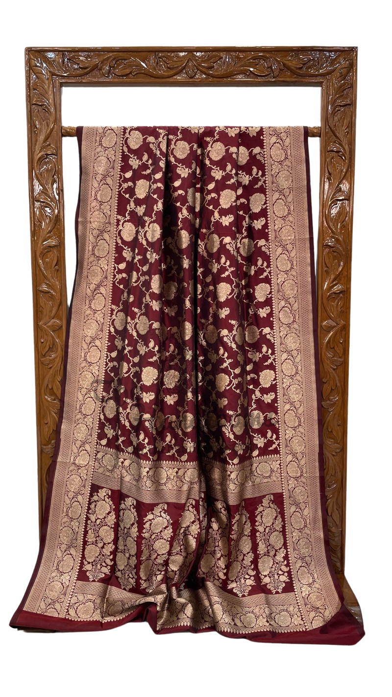 Maroon Pure Katan Silk Banarasi Handloom Saree - All Over Jaal Work - The Handlooms