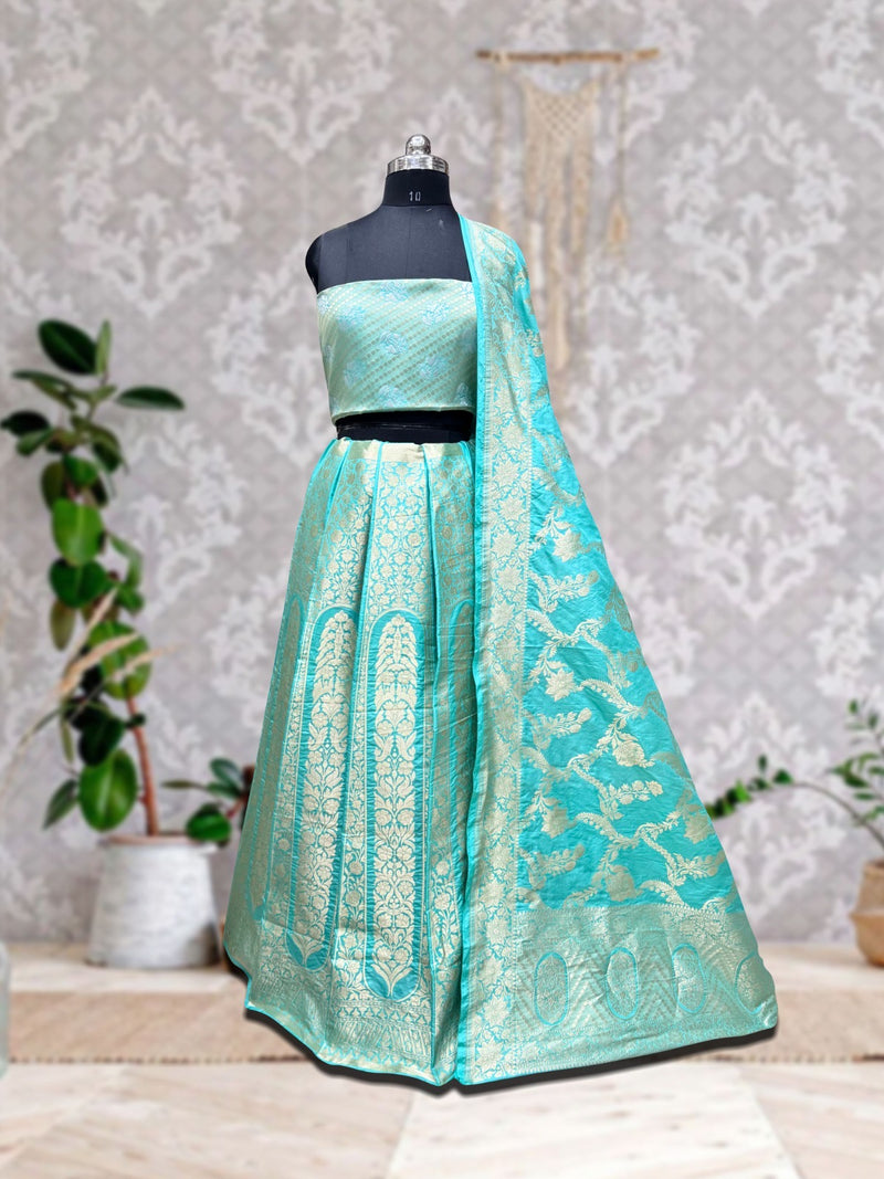 Pure Katan Silk Handloom Banarasi Lehenga All Over Sona Roopa Jaal Work With Stitched - The Handlooms