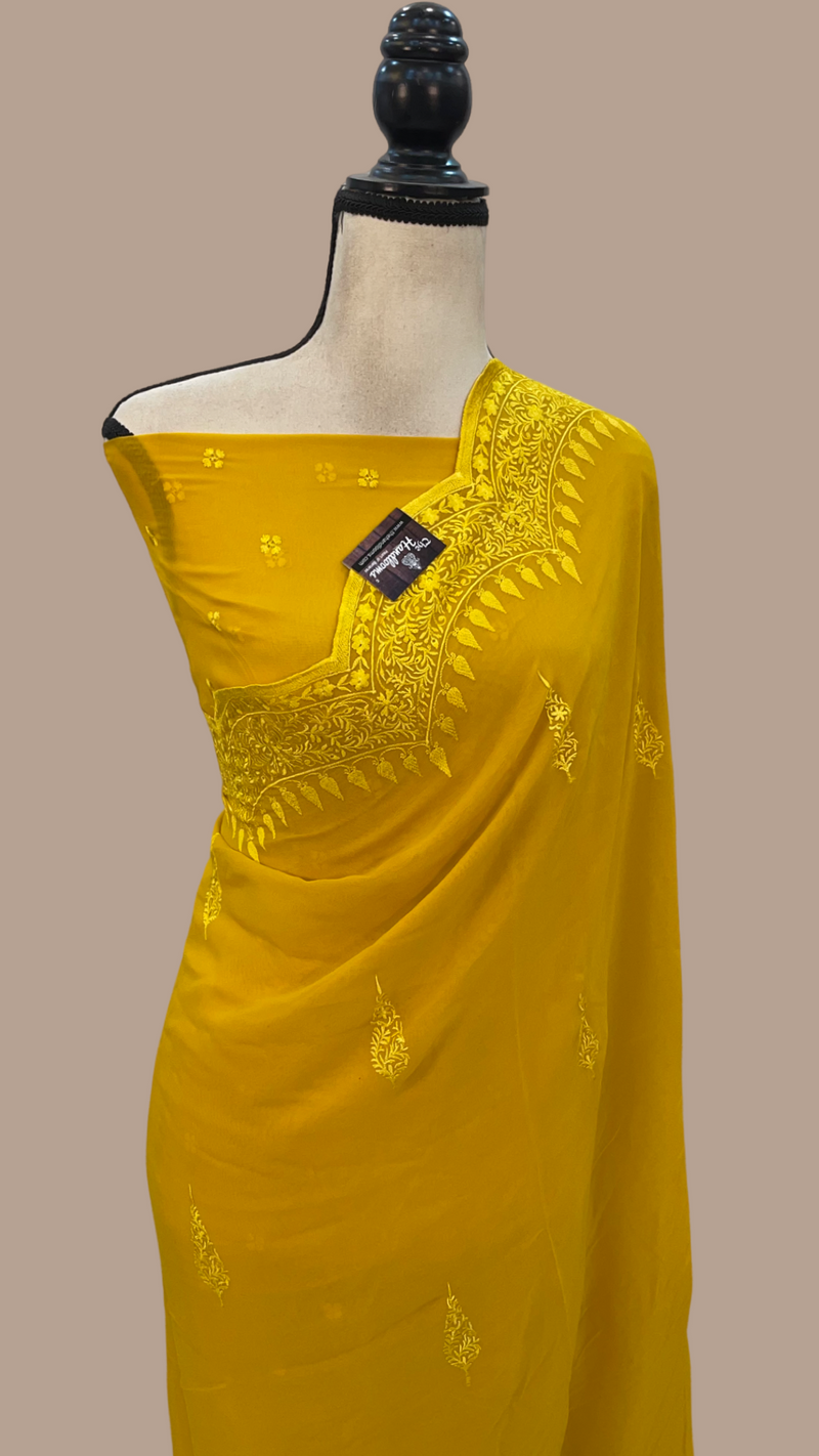 Pure Georgette Chikankari Handloom Banarasi Saree - The Handlooms