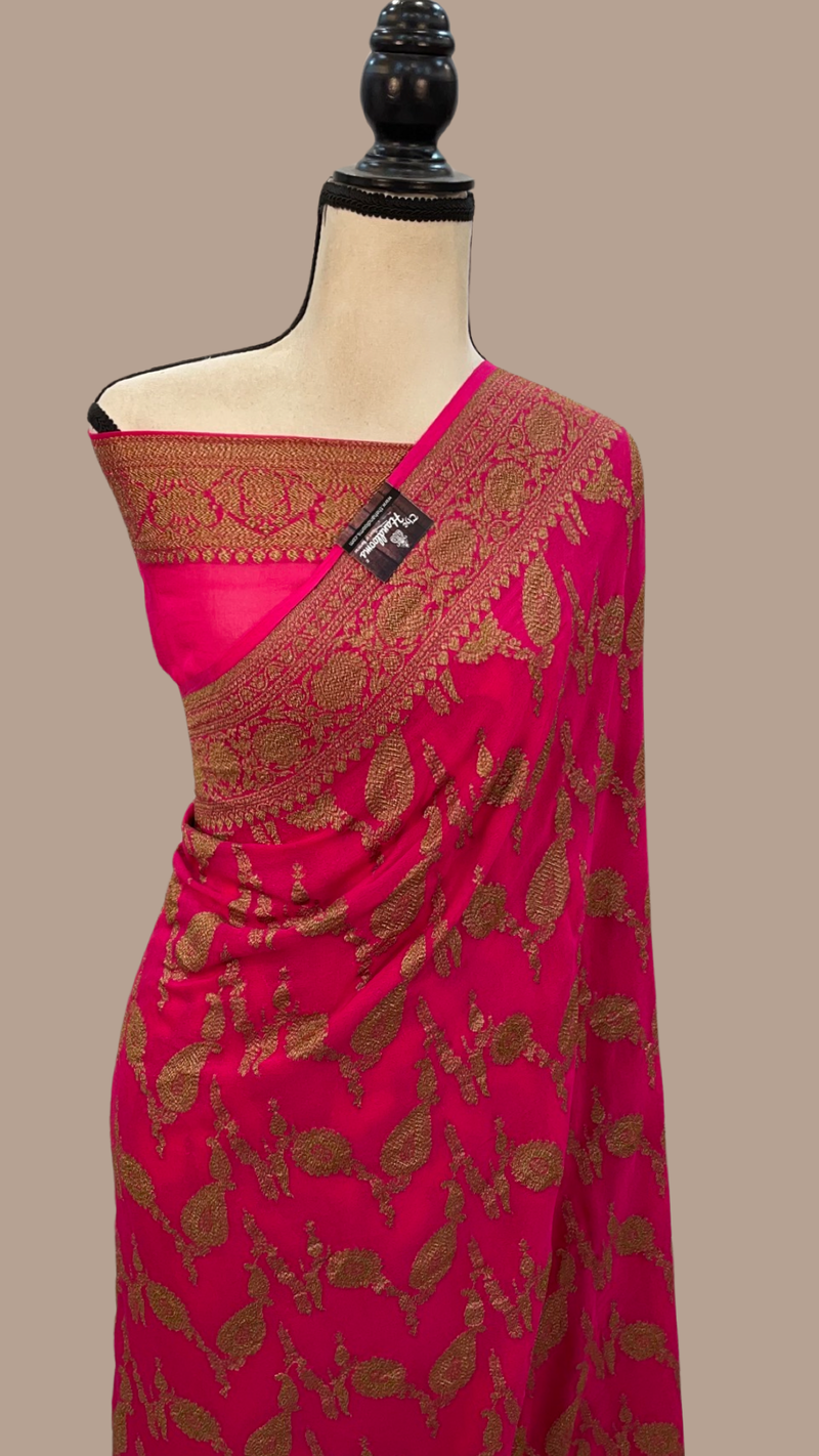 Hot Pink Khaddi Georgette Banarasi Handloom Saree -  Antique zari - The Handlooms