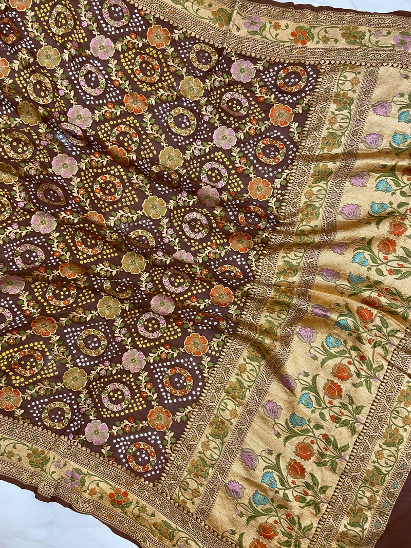 Pure Georgette Banarasi Bandhej Handloom Saree - Meenakari