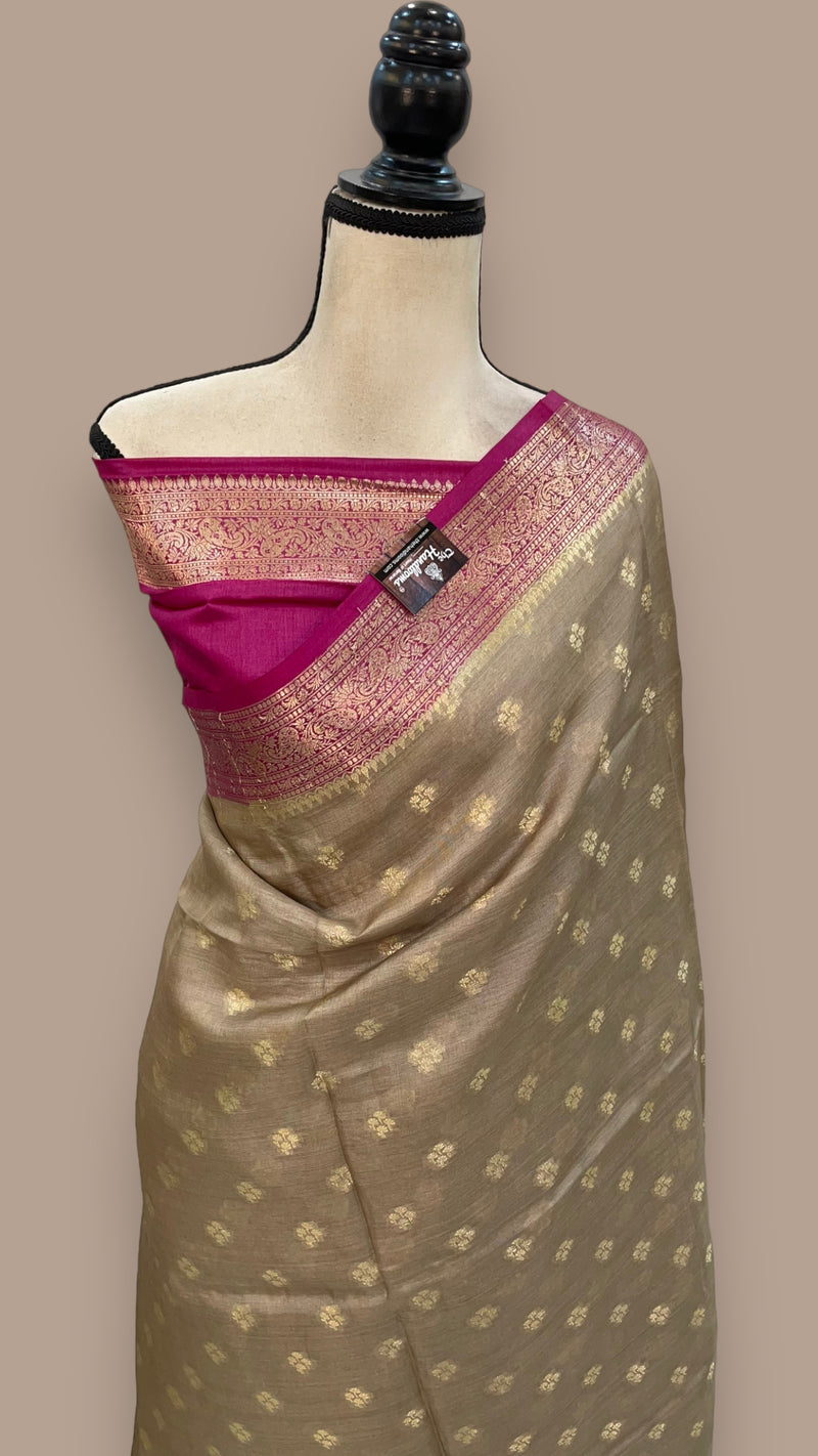 Beige Pure Tussar Silk Handloom Banarasi Saree - The Handlooms