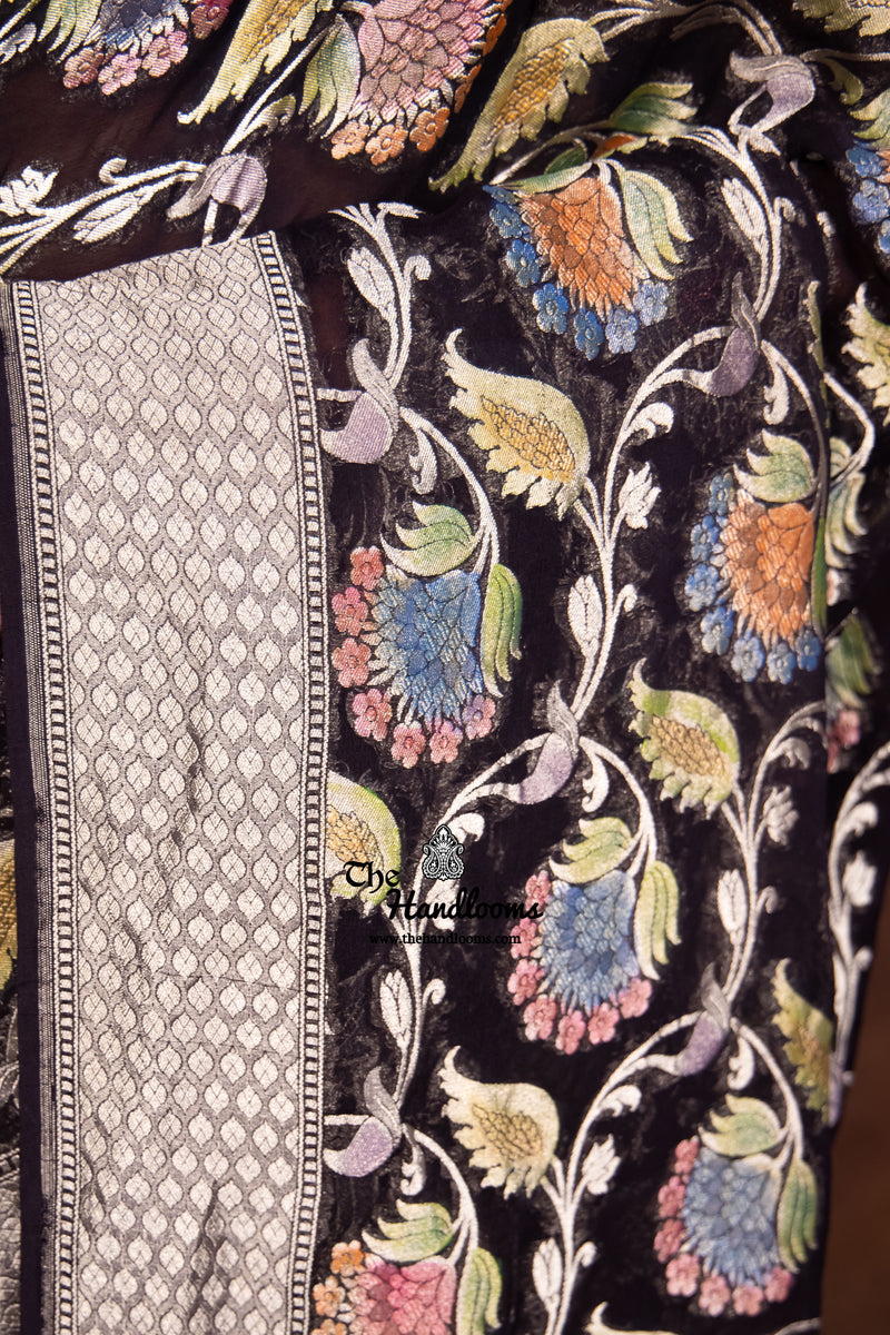 Black Pure Khaddi Georgette Banarasi Saree - water zari - The Handlooms