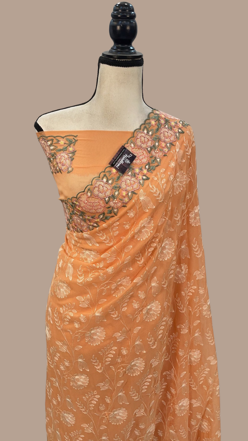 Pure Georgette Chikankari Handloom Banarasi Saree - The Handlooms