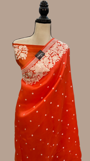 Orange Pure Organza Chikankari Handloom Banarasi Saree - The Handlooms
