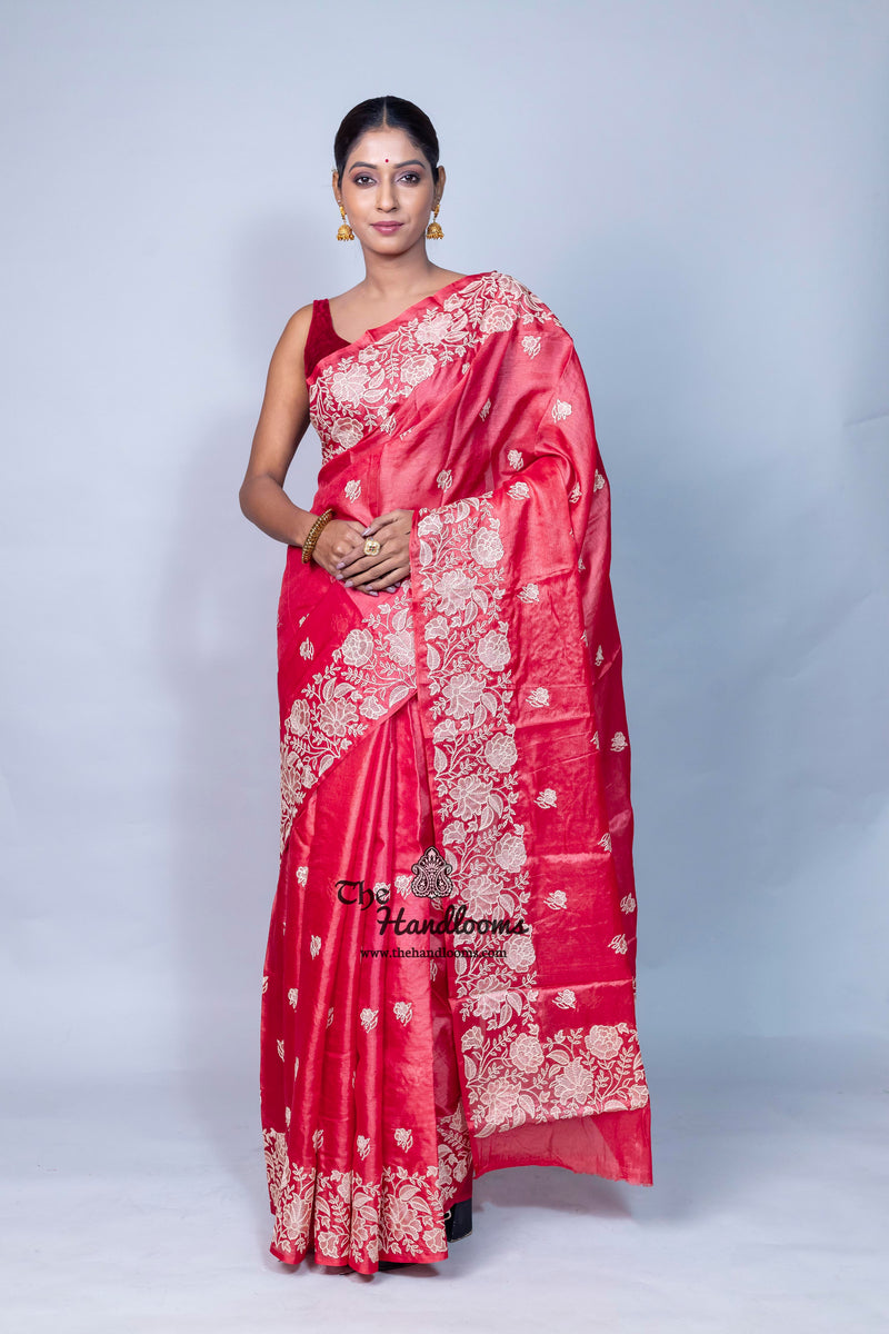 Tussar Silk Handloom Banarasi Saree With Chikankari