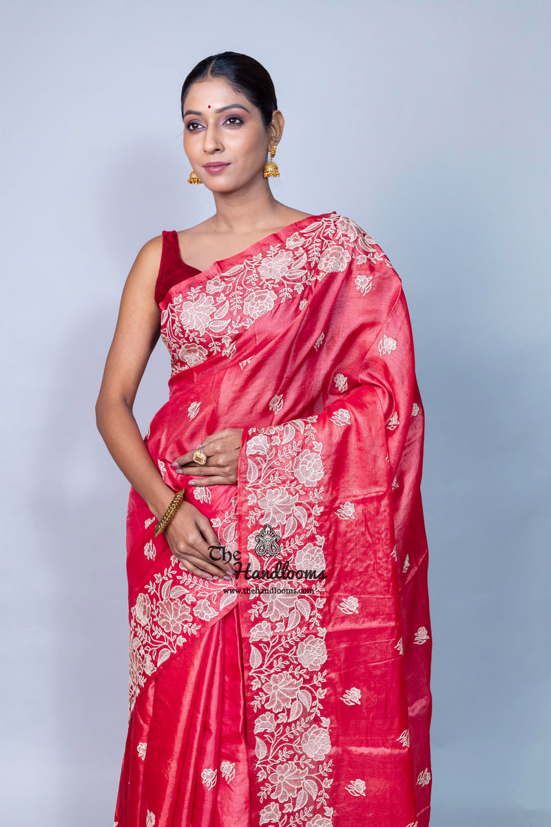 Tussar Silk Handloom Banarasi Saree With Chikankari