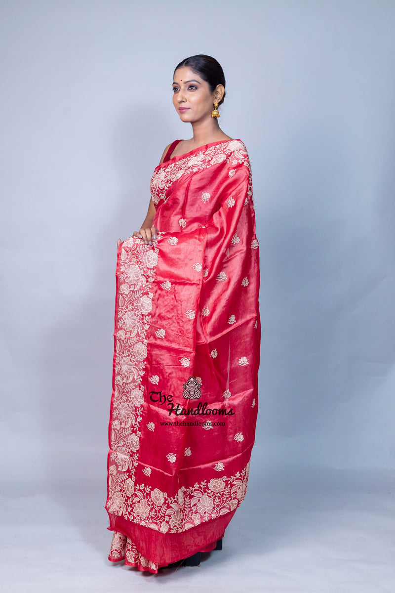 Tussar Silk Handloom Banarasi Saree With Chikankari