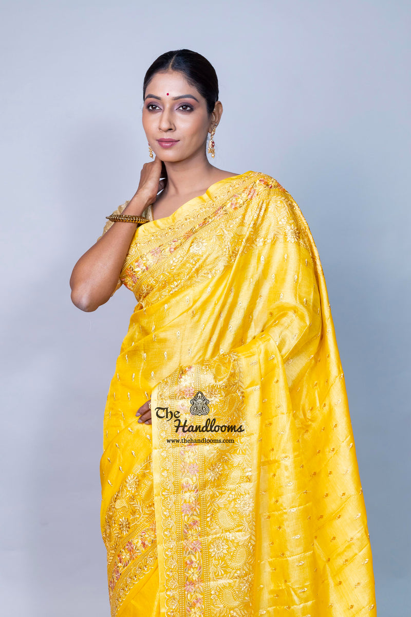 Tussar Silk Handloom Banarasi Saree With Chikankari