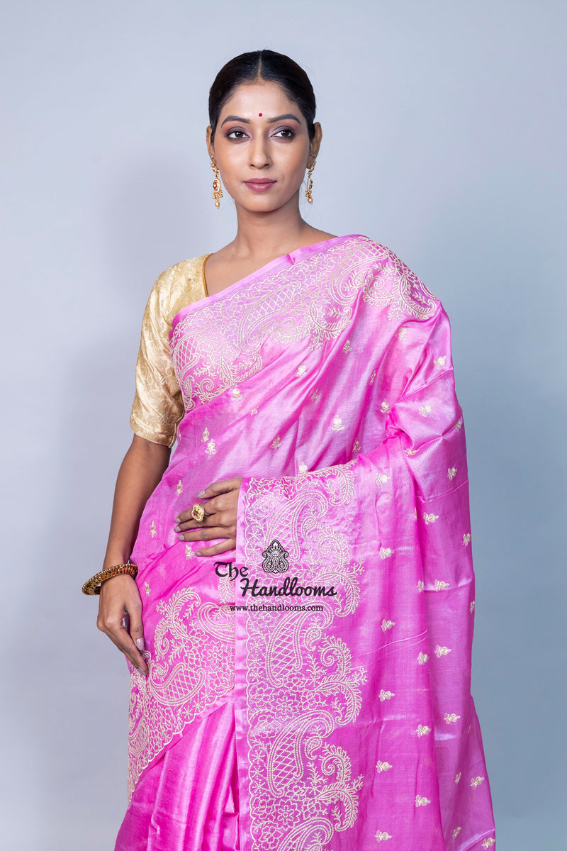 Tussar Silk Handloom Banarasi Saree With Chikankari
