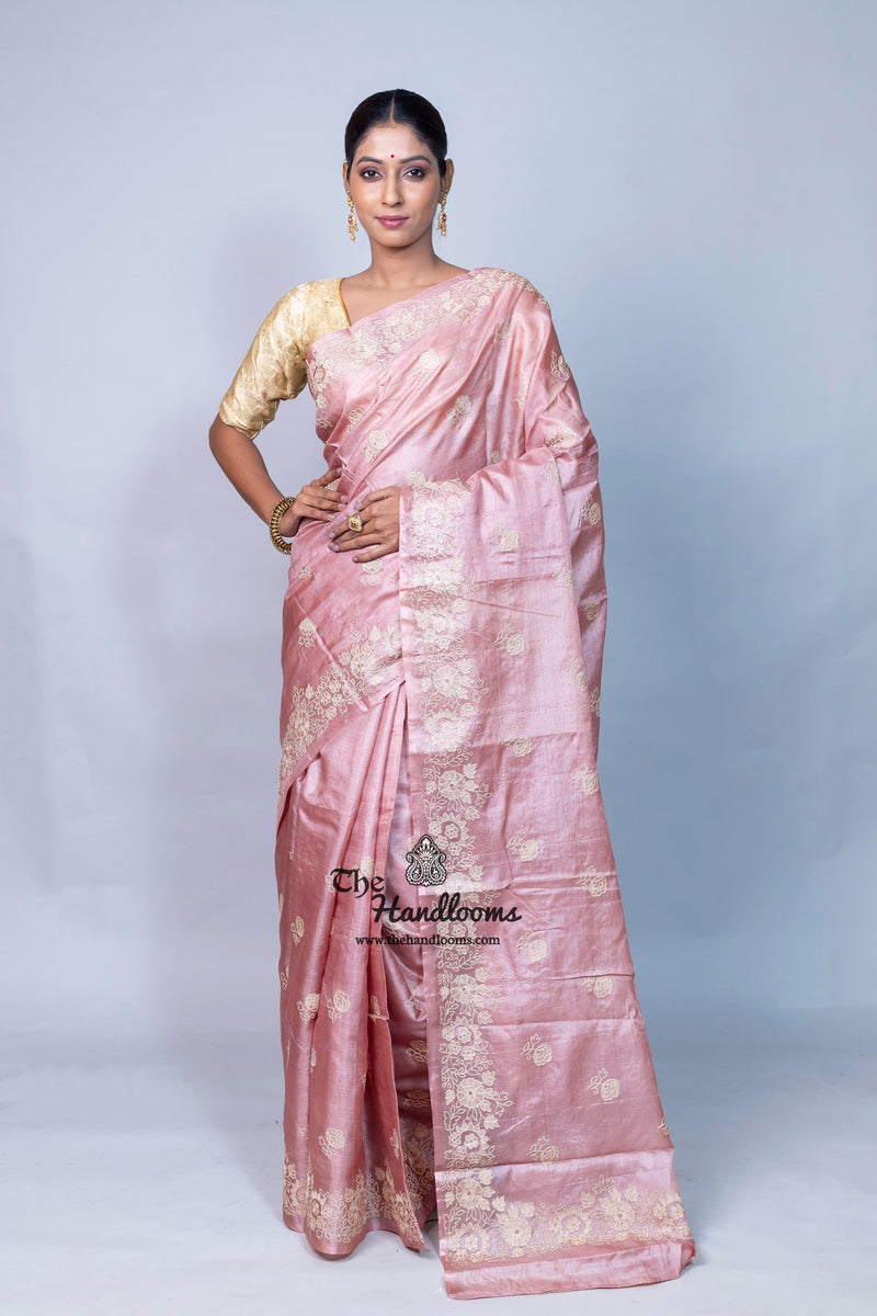 Tussar Silk Handloom Banarasi Saree With Chikankari