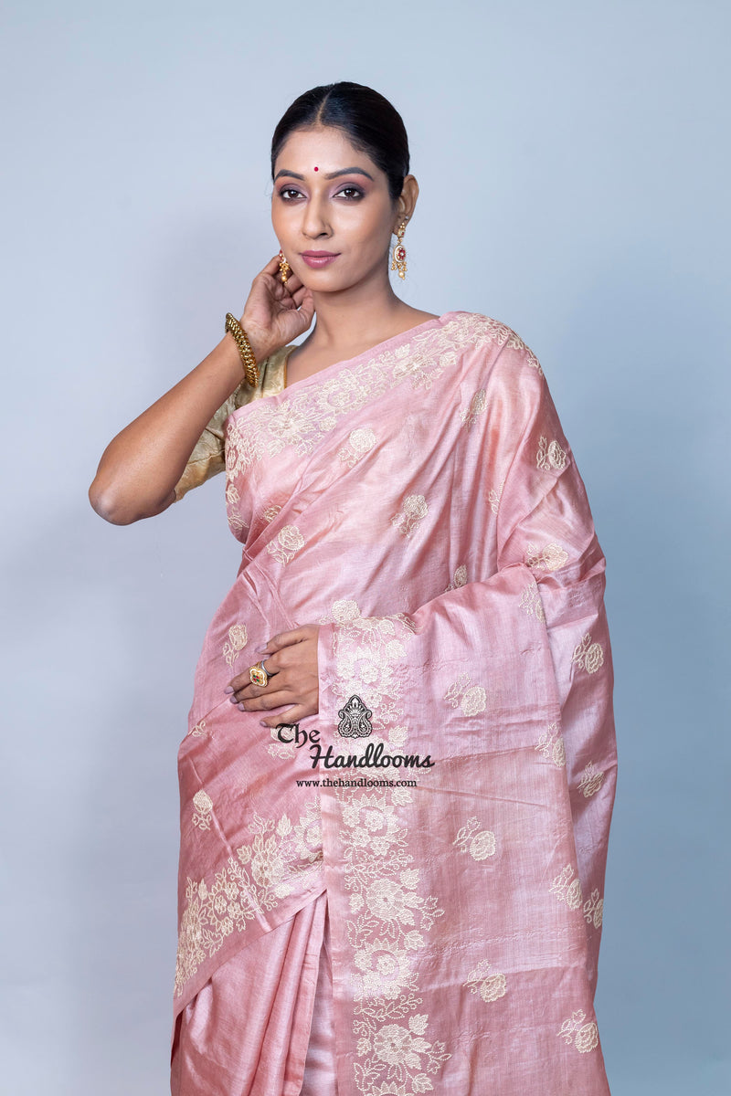 Tussar Silk Handloom Banarasi Saree With Chikankari
