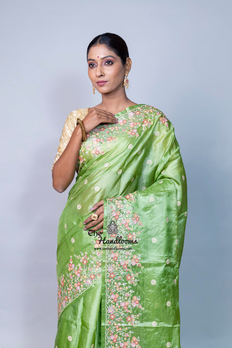 Tussar Silk Handloom Banarasi Saree With Chikankari