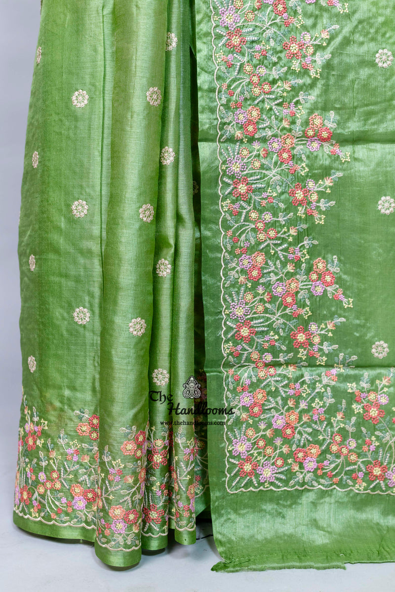 Tussar Silk Handloom Banarasi Saree With Chikankari