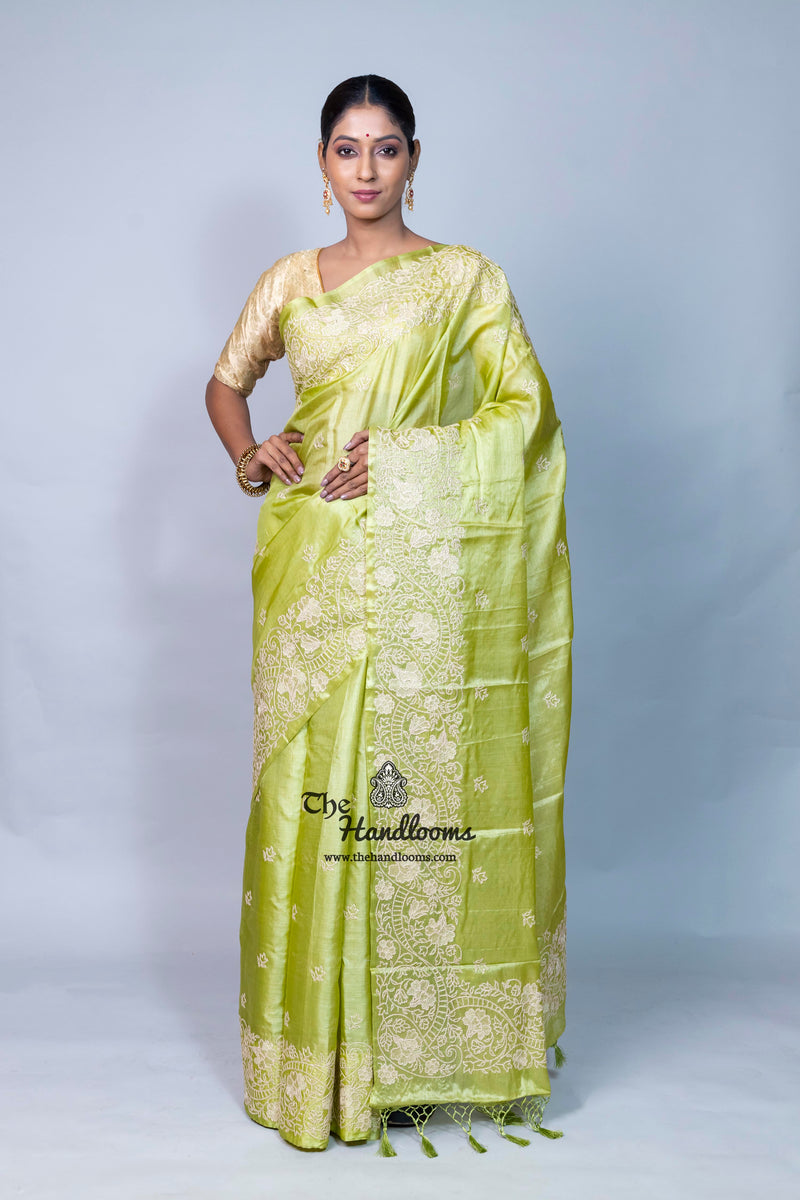 Tussar Silk Handloom Banarasi Saree With Chikankari